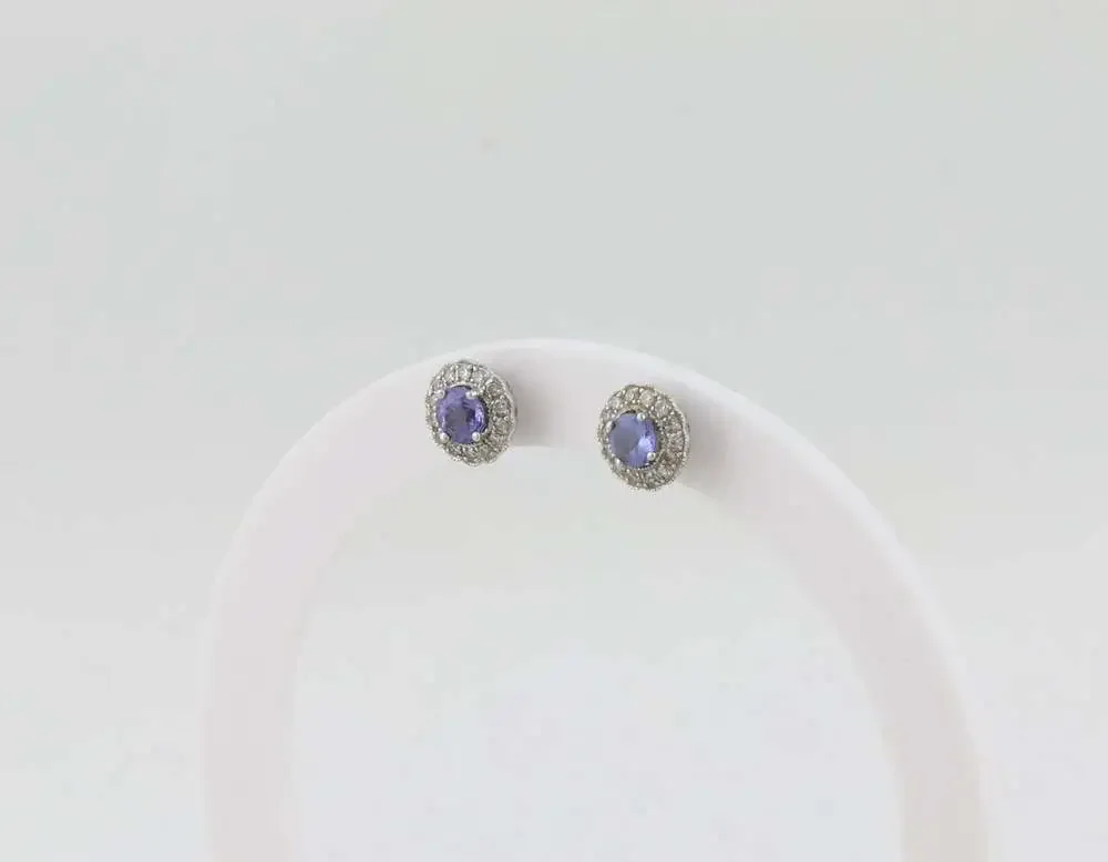 14k White Gold Natural Tanzanite & Diamond Flower Earrings Studs 3/8
